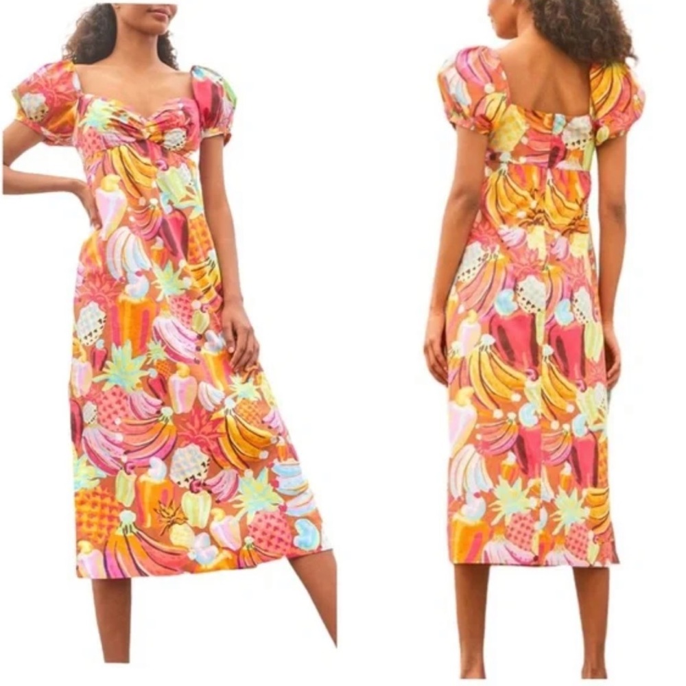 Farm Rio Tropical Print Puff Sleeve Fruit Salad Midi Dress Sweetheart Neckline